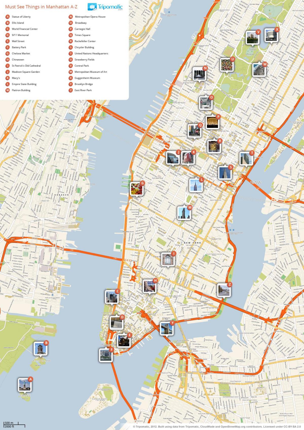 mapa Manhattanu, pokazując zabytki