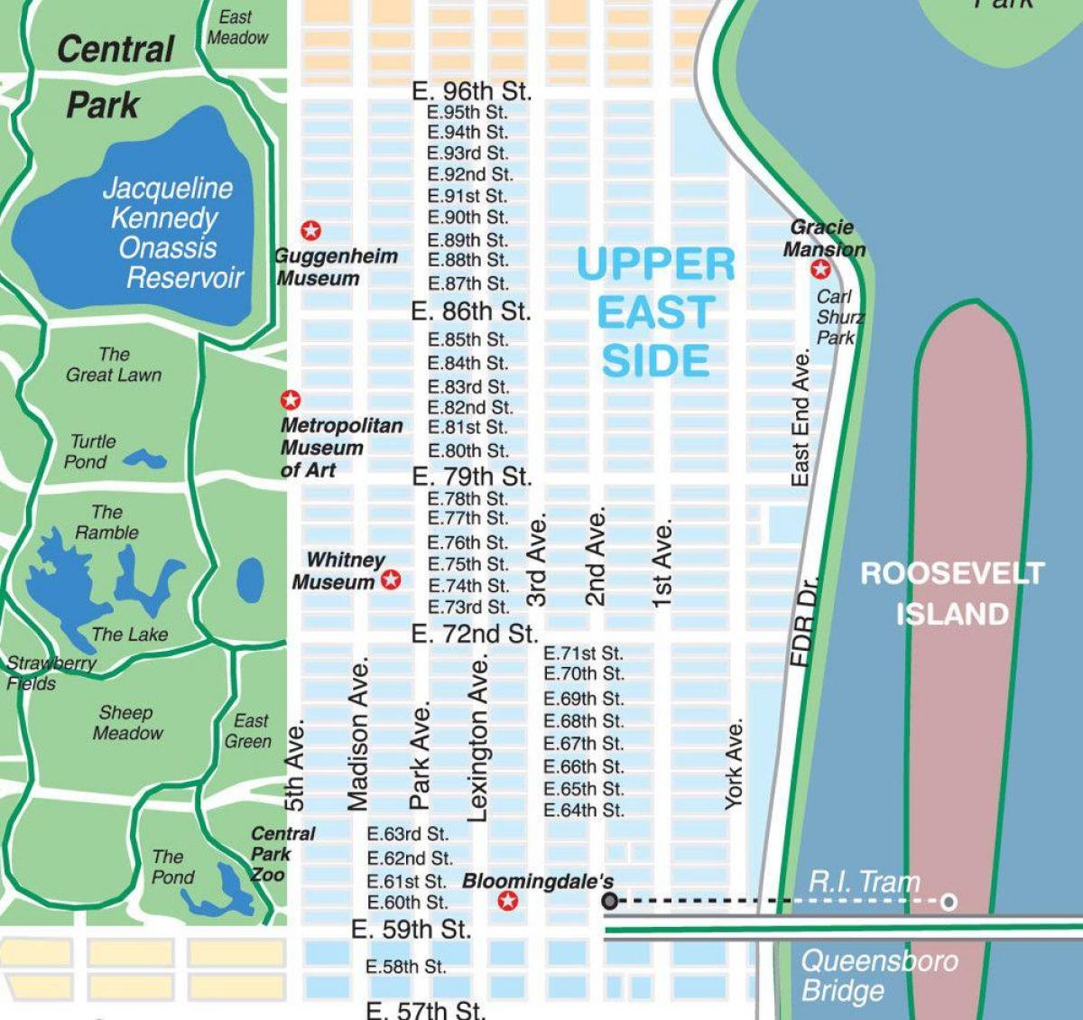 mapa upper East side na Manhattanie