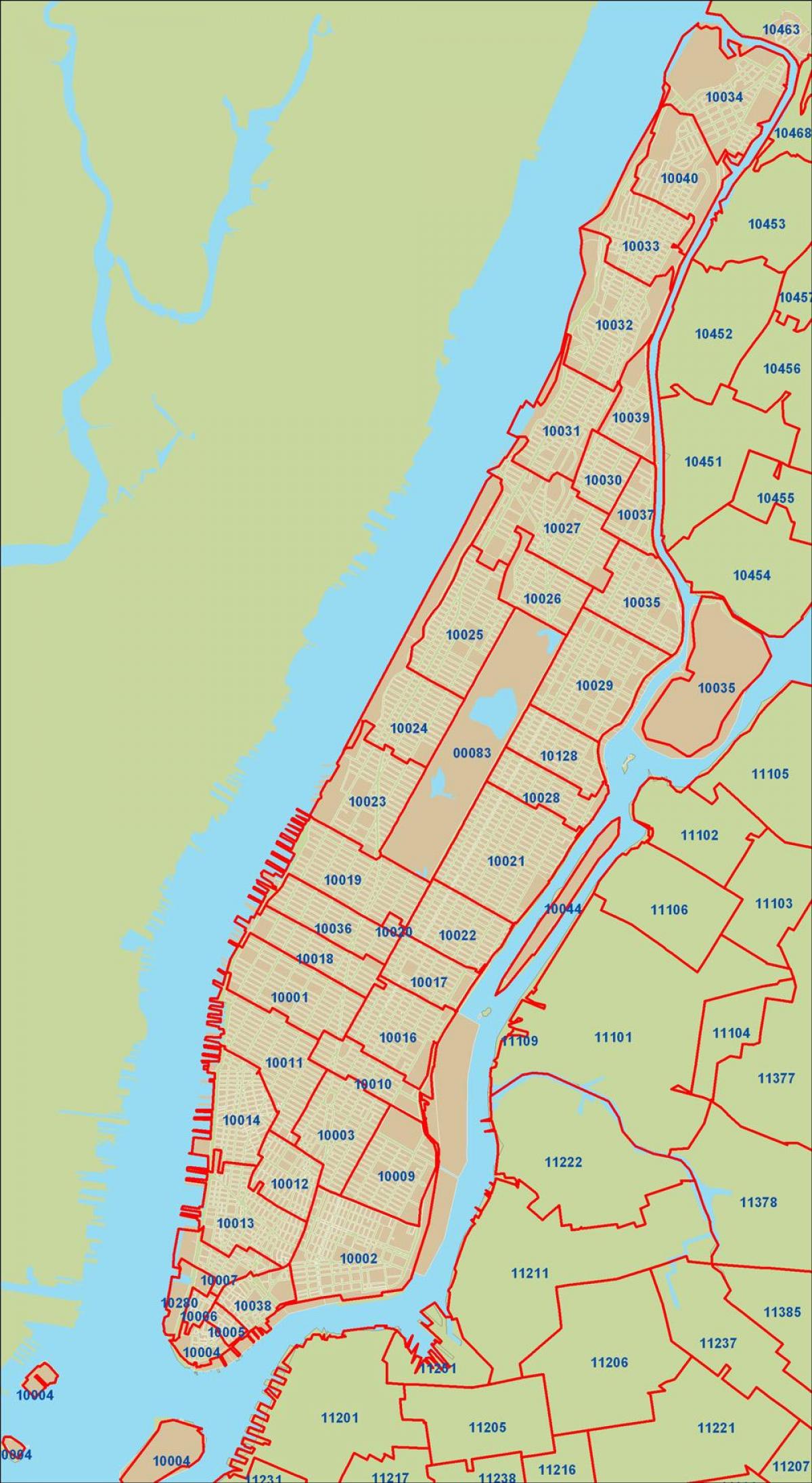 ZIP kod Nowy Jork Manhattan mapa