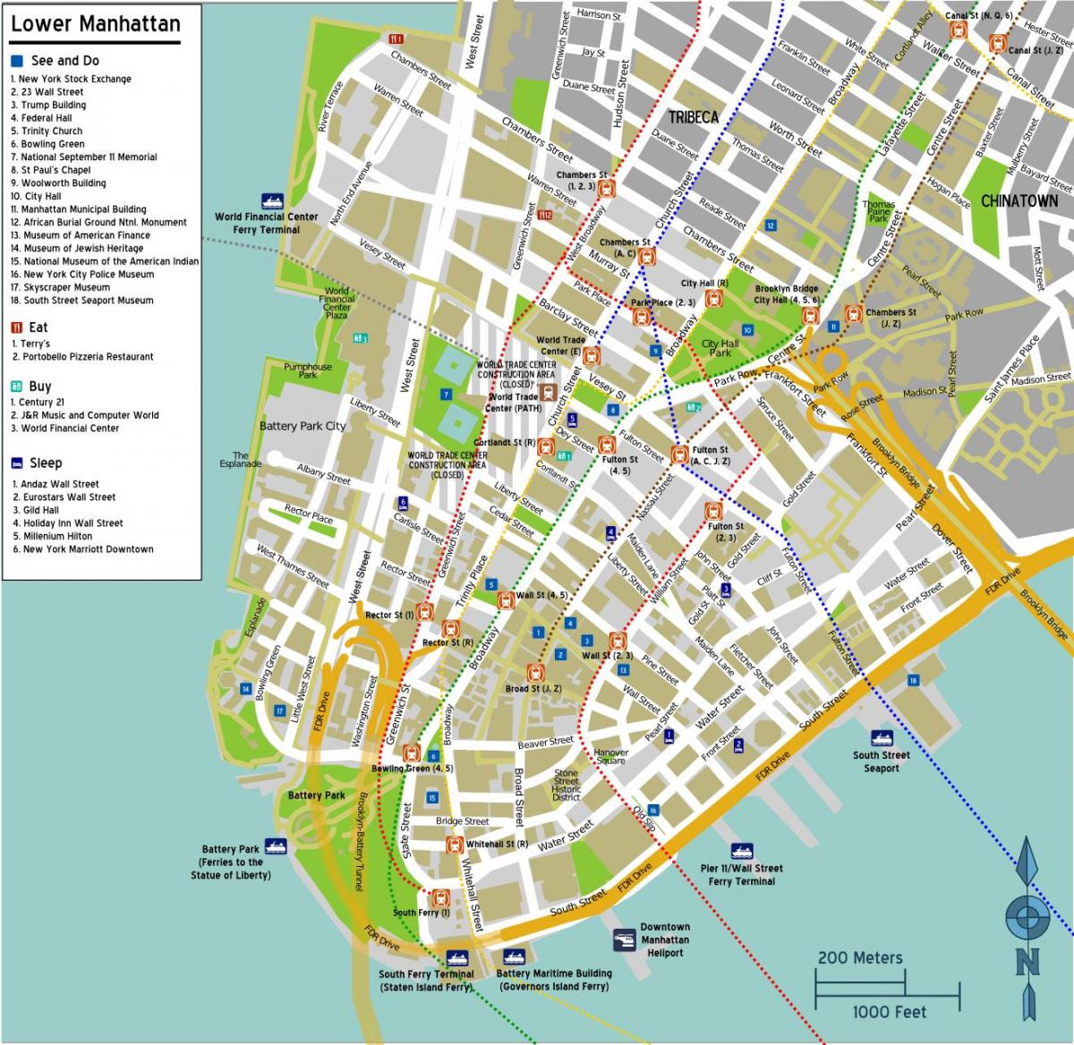 mapa dolnego Manhattanu z nazwami ulic